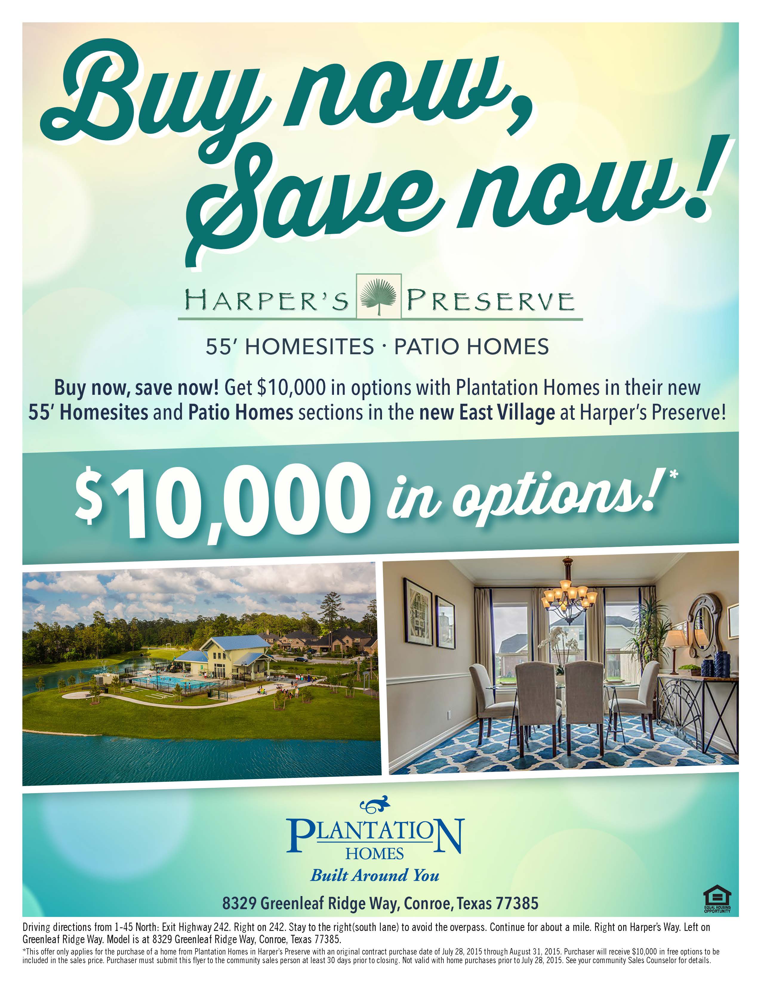 Plantation Homes Sales Event - Buy Now, Save Now thru August 31st in Harper's Preserve East Village