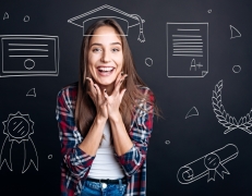 girl with educational images around her